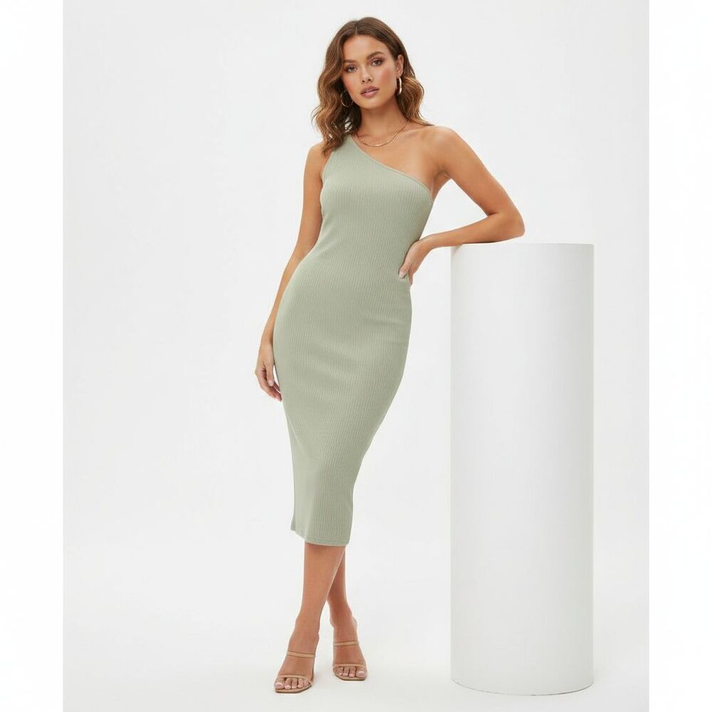 Pretty Little Thing Sage Green Rib Knit One Shoulder Dress Womens 6 NEW